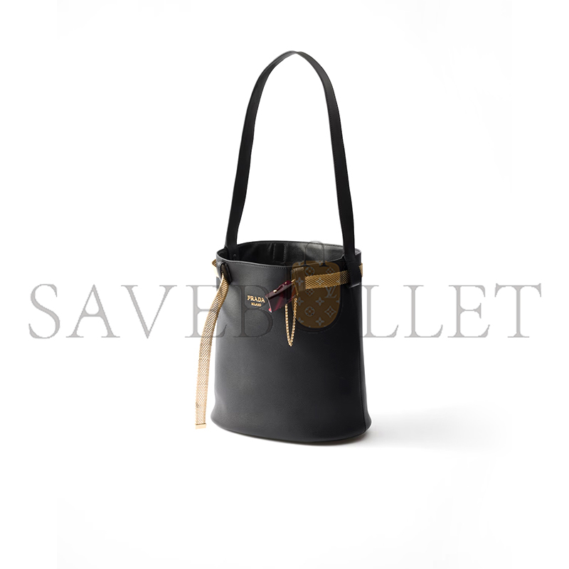 PRADA BUCKLE LEATHER BUCKET BAG WITH JEWELED BELT 1BE085 (29*16.5*18cm)